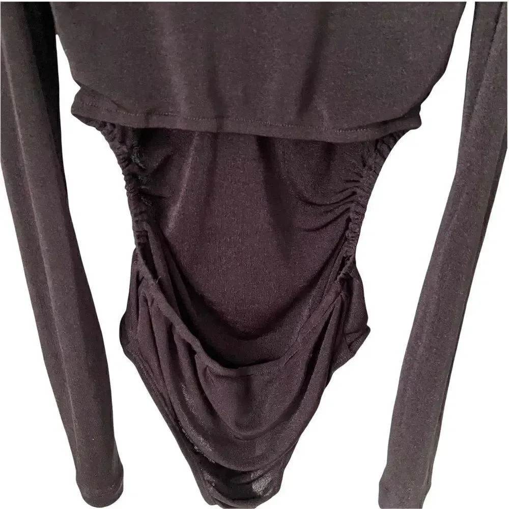 NWT Olivaceous Basic Black Long Sleeve Bodysuit Front Button with Collar Size S